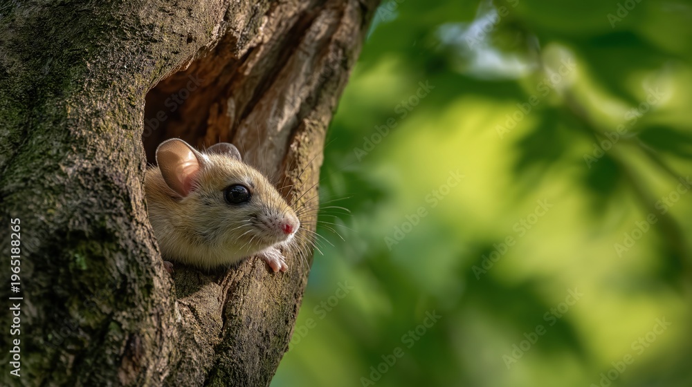 Naklejka premium Curious Mouse Peeking from Tree Hollow