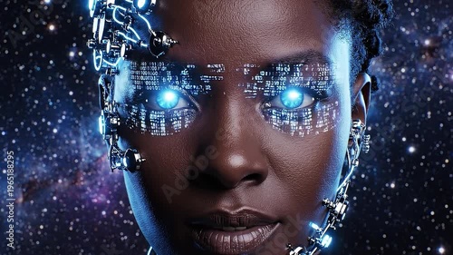 Cybernetic Vision: A striking portrait showcases a subject with cybernetic enhancements, blending human features with futuristic technology. The bright.