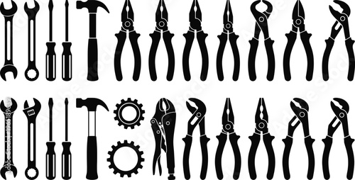Hand tools silhouette collection of hammer, screwdriver, wrench, pliers, gears and adjustable spanner isolated on white background for repair and construction vector