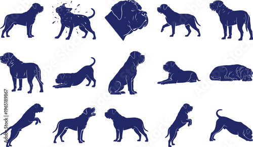 Bull Mastiff dog silhouettes in various poses blue