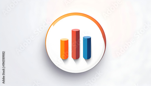 Cylindrical bar chart icon with 3d effect inside white circle on clean background