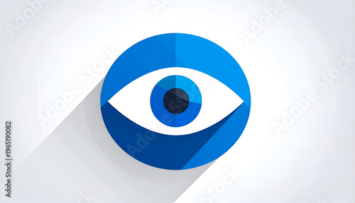 Eye icon in blue circle with long shadow flat vector design element for web or print