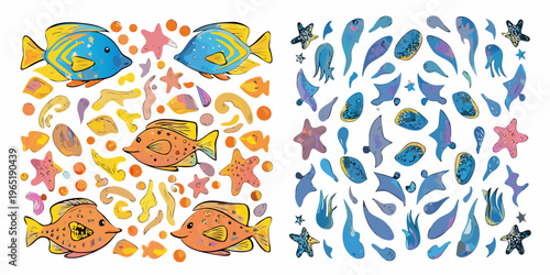 Colorful watercolor illustration of various fish starfish and marine life