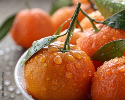 Fresh Organic Tangerines with Green Leaves and Water Drops on White Plate Macro Photography