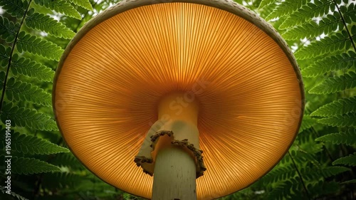 Tracking shot dolly in toward mushroom underside revealing radiating gills and stem in fern forest undergrowth with backlit orange cap in morning light