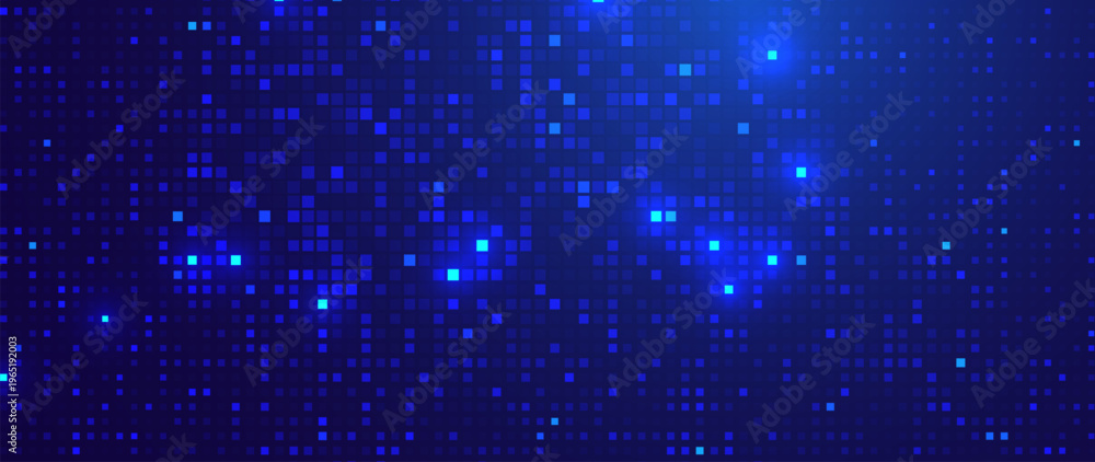 Obraz premium Abstract Blue Fintech Background with Horizontal Data Flow Lines and Pixel Mosaic Grid. Glowing Digital Dots and Smooth Gradient Light Corporate Technology Backdrop. Vector Illustration.
