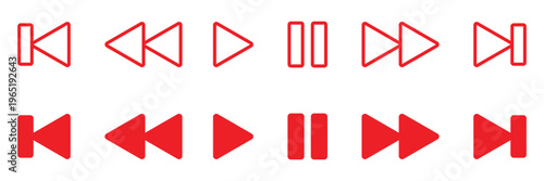 Media player control icon set. Including play pause forward rewind skip and previous buttons in outline and solid red icon set.