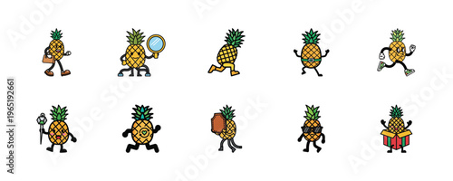 Pineapple characters, cartoon fruits, vector illustrations, 10 icons