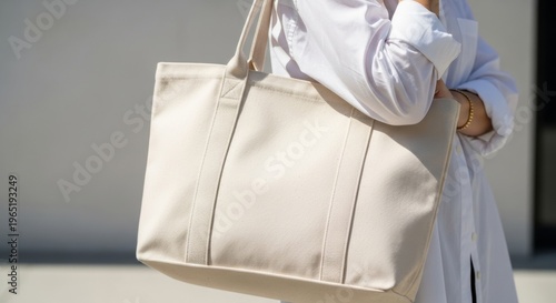 Woman carrying beige canvas tote bag on shoulder. Cotton shopper for daily routine or shopping. Minimalist fashion accessory for casual style. Blank fabric mockup for design display.