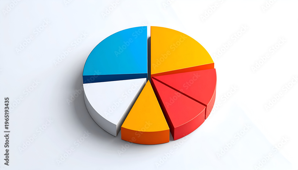 Fototapeta premium Colorful 3D pie chart diagram with blue white orange yellow and red segments