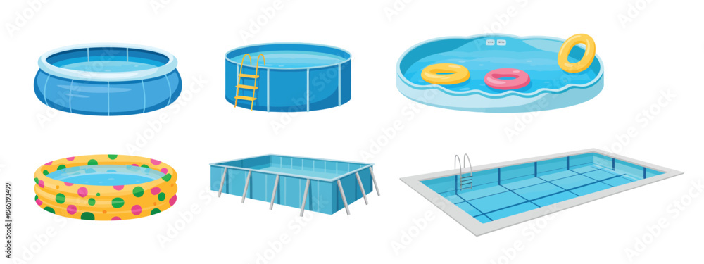 Fototapeta premium Swimming pools cartoon illustration collection, playful flat vector designs of different pool types for recreation, summer events, entertainment, and outdoor sports concept visuals.