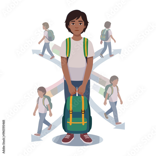 A young boy stands still while multiple versions of himself walk in different directions on arrows with a suitcase.