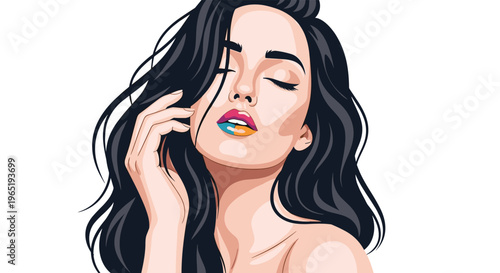 Stunning portrait of a woman with long wavy black hair and colorful lipstick with eyes closed in a serene pose.
