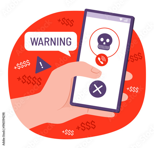 Human Hand Holding Smartphone with Suspicious Call for Scammer, Cyber Crime and Online Digital Risk Concept Illustration Clip Art