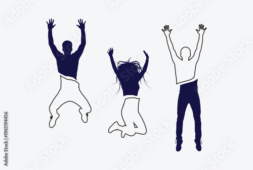 Three stylized figures jumping in the air with arms raised in a display of joy and pure energy