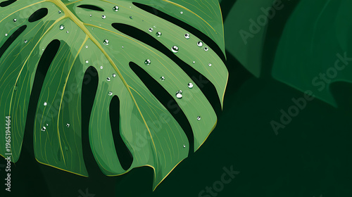 Close-up of Monstera Leaf with Water Droplets