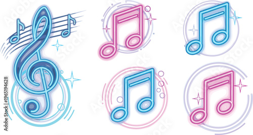 Neon Music Notes and Treble Clef Icon Set with Glowing Blue and Pink Gradient Effects for Audio Apps, Sound Design, Nightlife and Entertainment Themes