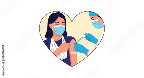 Healthcare worker in a mask and gloves vaccinating a woman with her arm in a sling inside a heart shaped frame.