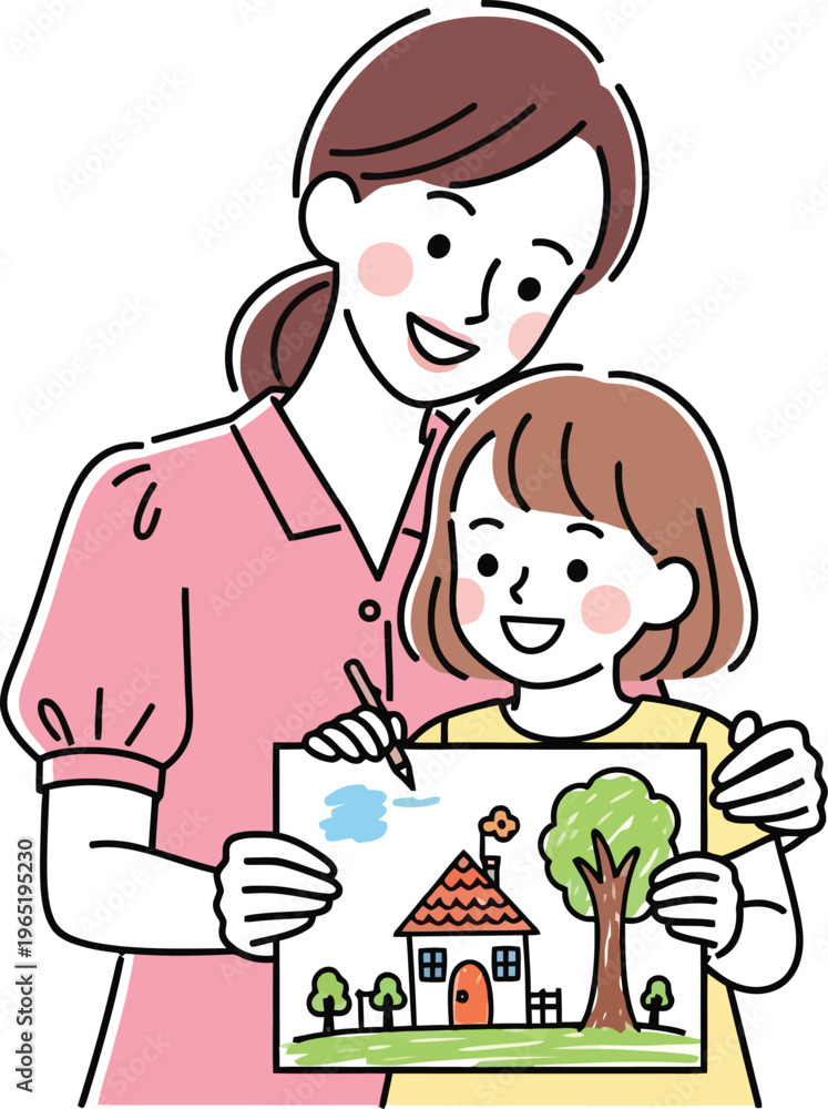 Obraz premium Happy mother and daughter drawing together, smiling woman and young girl holding a colorful house picture, family art activity vector illustration