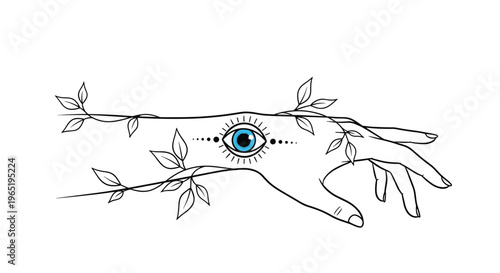 Mystical line art of a hand with a central blue eye symbol on the forearm entwined with delicate leafy branches and vines.