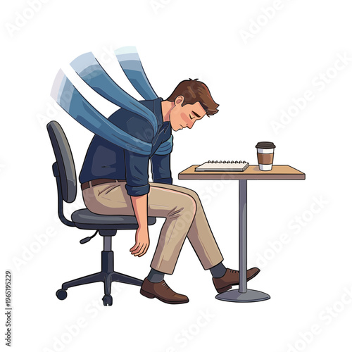 Man slouches in chair with back pain at desk with coffee
