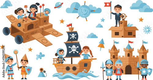 Kids Adventure Cartoon Set with Pirates, Knights, Cardboard Box Vehicles, Castles and Fantasy Play Elements for Children Illustration, Education and Imaginative Storytelling Design
