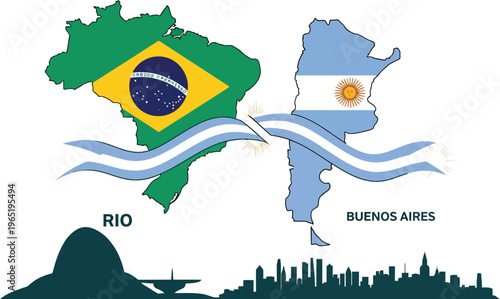 South America travel concept with Brazil and Argentina maps, Rio de Janeiro and Buenos Aires city skylines, national flag colors vector illustration