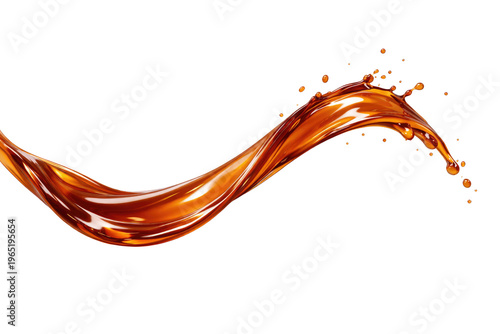 Dynamic liquid splash of brown coffee or tea, flowing amber wave of caramel syrup, splashing dark soda or cola beverage with droplets isolated PNG with Transparent Background