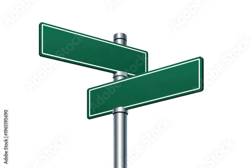 Blank green street sign on metal pole, empty directional road signs for navigation, mock up of highway signage for travel and transportation isolated PNG with Transparent Background