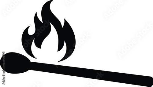 Burning matchstick vector icon, black silhouette of a lit match, simple fire symbol, graphic resource for safety and ignition concepts