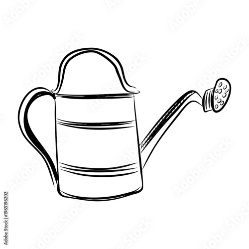 Hand-drawn vector illustration of a watering can used to water flowers, drawn with black line art