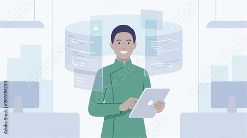 A man in a green suit holds a laptop in an office environment with computers.