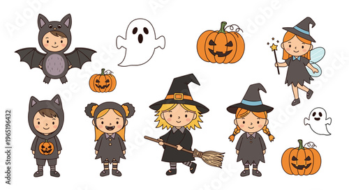 Large collection of cute cartoon Halloween characters and icons featuring little witches, ghosts, carved pumpkins, and a boy in a bat costume.