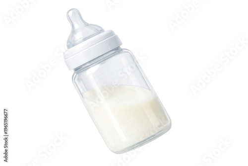 Clear baby bottle with fresh milk and silicone nipple, plastic infant feeding bottle for newborn nutrition, nursery healthcare and childcare equipment isolated PNG with Transparent Background
