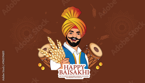 Happy Baisakhi Celebration With Smiling Punjabi Farmer Holding Wheat and Traditional Dhol Drum