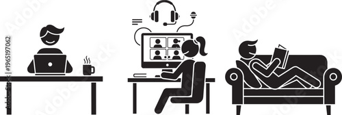 Vector set of black silhouettes featuring people working from home on laptops attending video conference calls and relaxing on a sofa reading books.