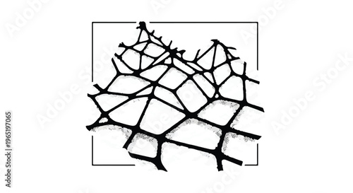 Abstract mesh structure with irregular geometric connections is framed within a square.