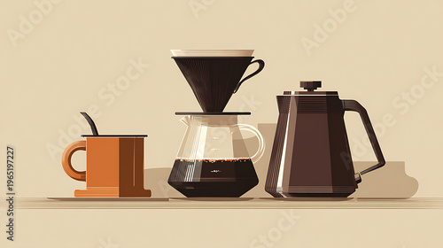 Coffee brewing setup with tools and warm lighting