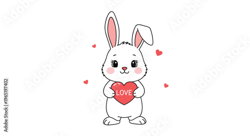 Adorable white cartoon bunny rabbit holding a large red heart with the word love written on it surrounded by several smaller hearts.