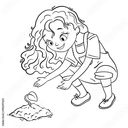 Cute vector line art of a girl bending over a small plant, whimsical and child-friendly, ideal for gardening themes, storybooks, and coloring activities