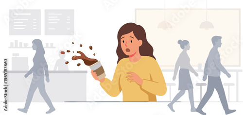 Woman spills coffee while walking in a busy office environment with colleagues nearby