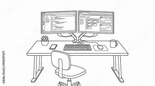 Detailed Line Art Illustration of a Modern Developer Workspace with Dual Monitors.