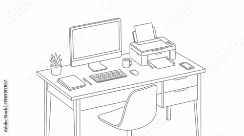 Minimalist Home Office Setup with Computer Printer and Desk Chair.