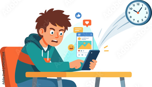 A young boy sits at a desk worriedly looking at his tablet as a clock ticks in the background.