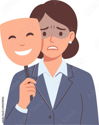 Woman holds smiling mask in front of her frowning face in a business setting.