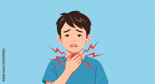 Young boy experiences throat pain illustrated with red lightning bolt symbols indicating inflammation, cold, or flu symptoms needing medical care.