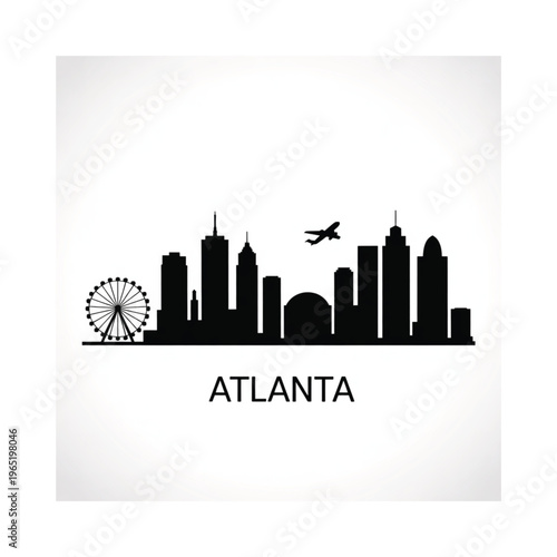 Silhouette of the atlanta skyline with a ferris wheel and airplane