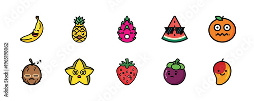 Fun fruit character icon set. Expressive faces on Banana Pineapple Dragon Fruit Watermelon and Orange. Also Coconut Starfruit Strawberry Mangosteen and Mango for food and beverage projects.