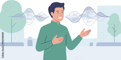 A man presents an idea in a city park with sound waves