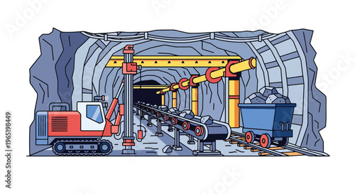 Modern vector illustration of underground mining tunnel with drilling machine and conveyor system, industrial resource extraction and heavy industry concept